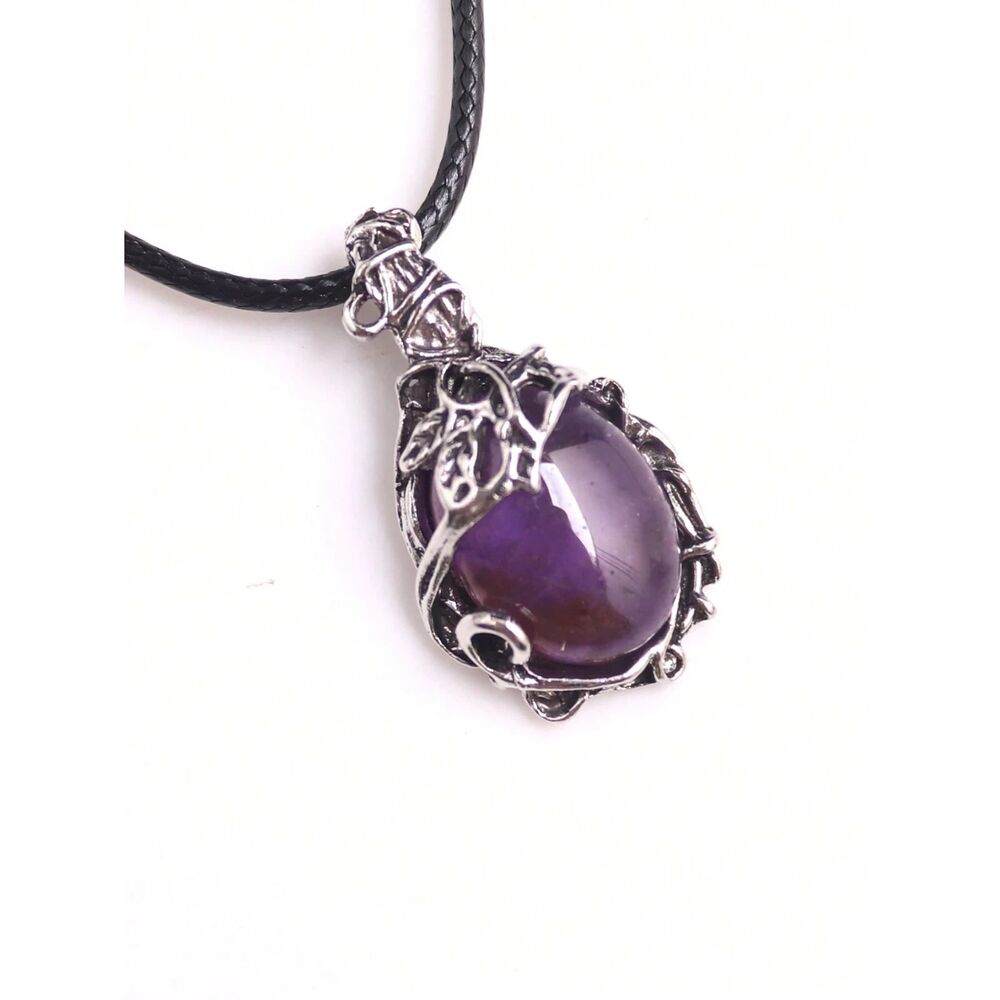 Natural Amethyst Pendant Necklace Silver Wrapped Oval Gemstne Crystal Charm Boho